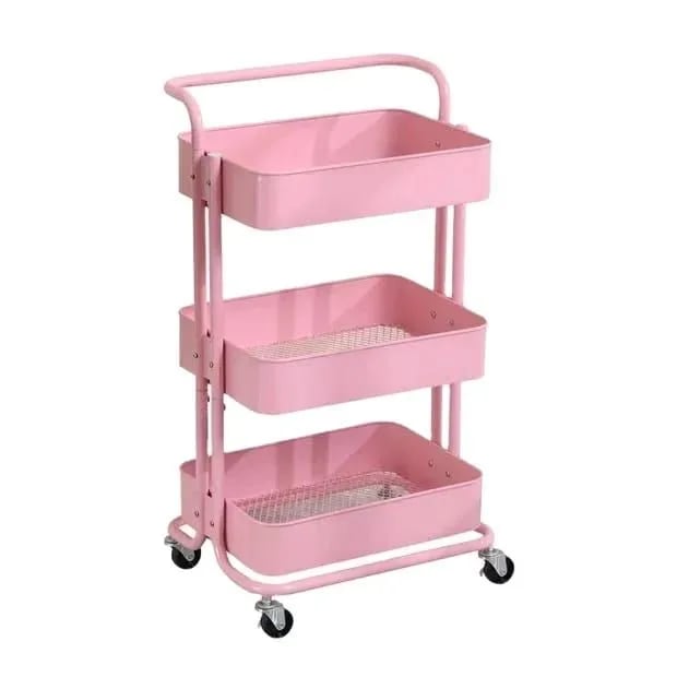 Multifunctional 3-Tier Wheel Cart Handle Storage Kitchen Trolley Organizer - Pink