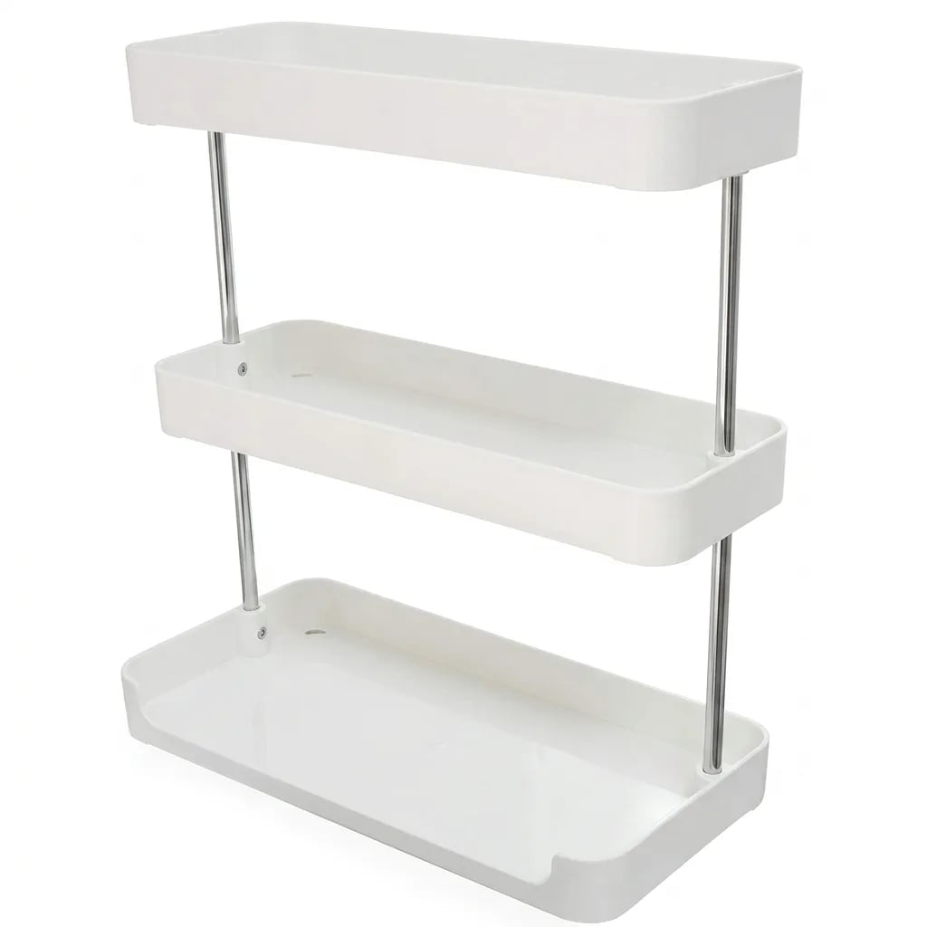 3-Tier Storage Shelf Rack, White Plastic with Chrome Poles