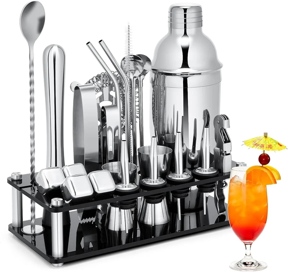 14-Piece Black Stand Bartender Kit & Stainless Steel Silver Bar Sets Accessories Drink