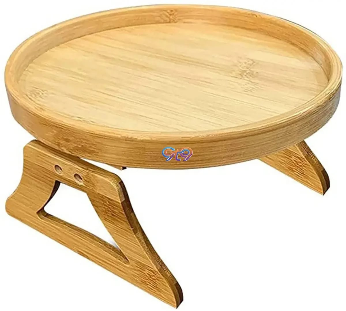 9t9-Bamboo Round Sofa Armrest Tray Table with Folding Legs