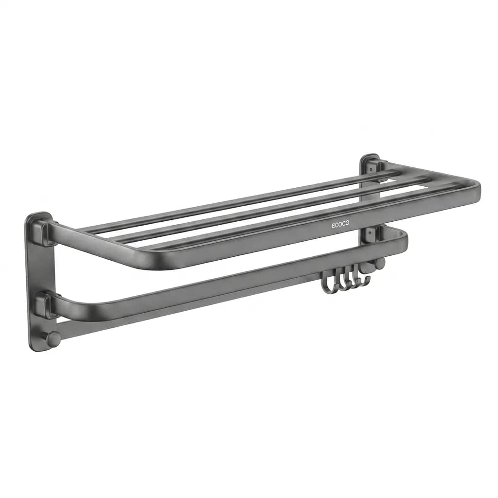 Wall-Mounted Towel Rack Shelf with Bar and Hooks, Grey (80cm)