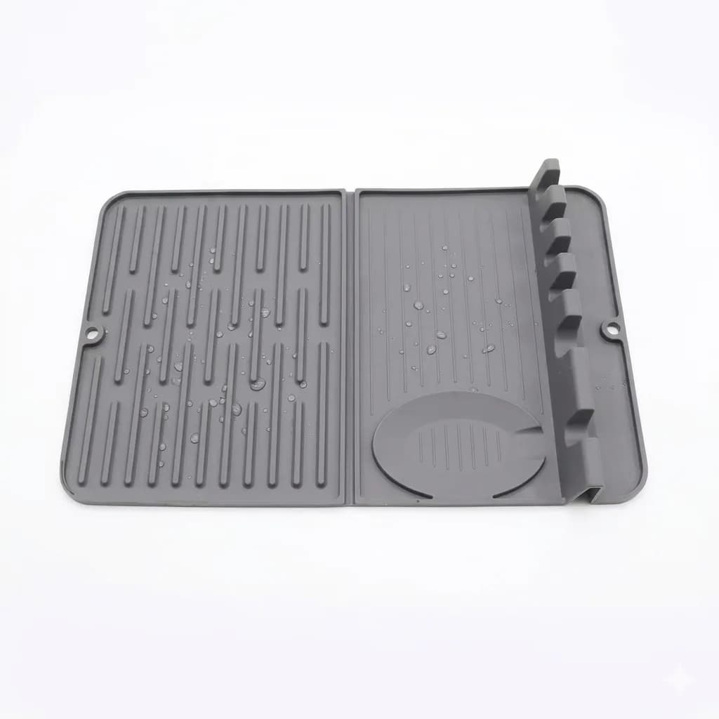 Foldable Silicone Dish Drying Mat with Cutlery Holder, Grey