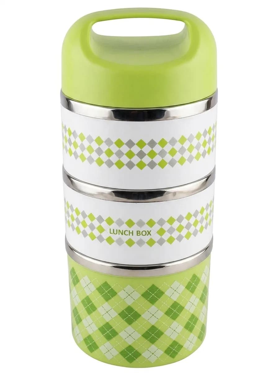 3-Tier Stainless Steel Lunch Box with Carry Handle, Green