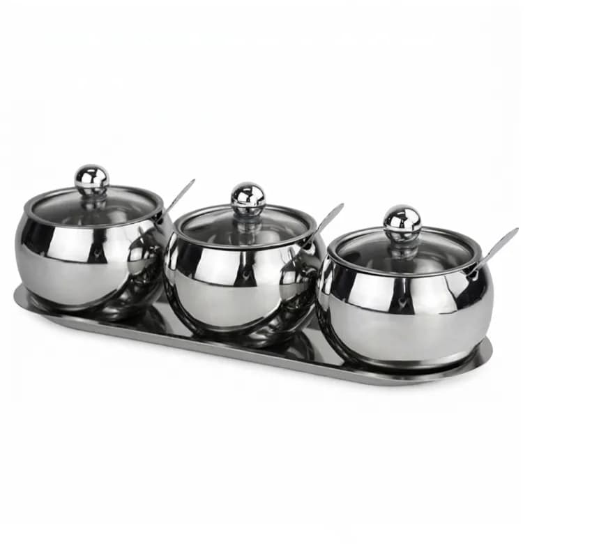 Stainless Steel Seasoning Containers Set - Spice Containers and Tray- Silver
