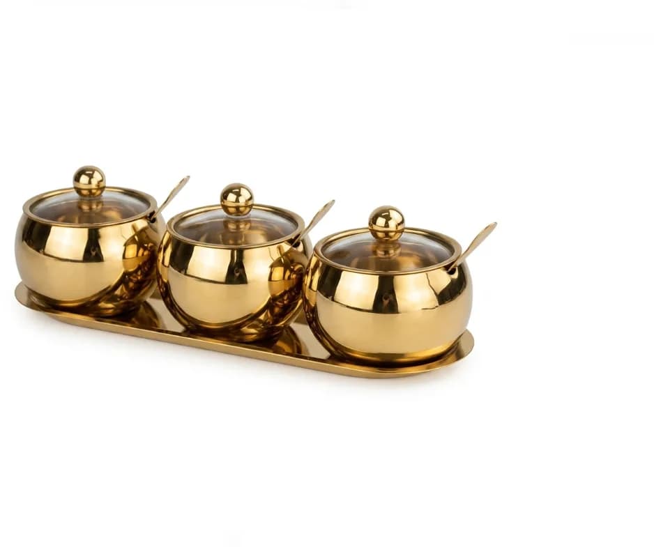 Stainless Steel Seasoning Containers Set -Spice Containers and Tray- Gold