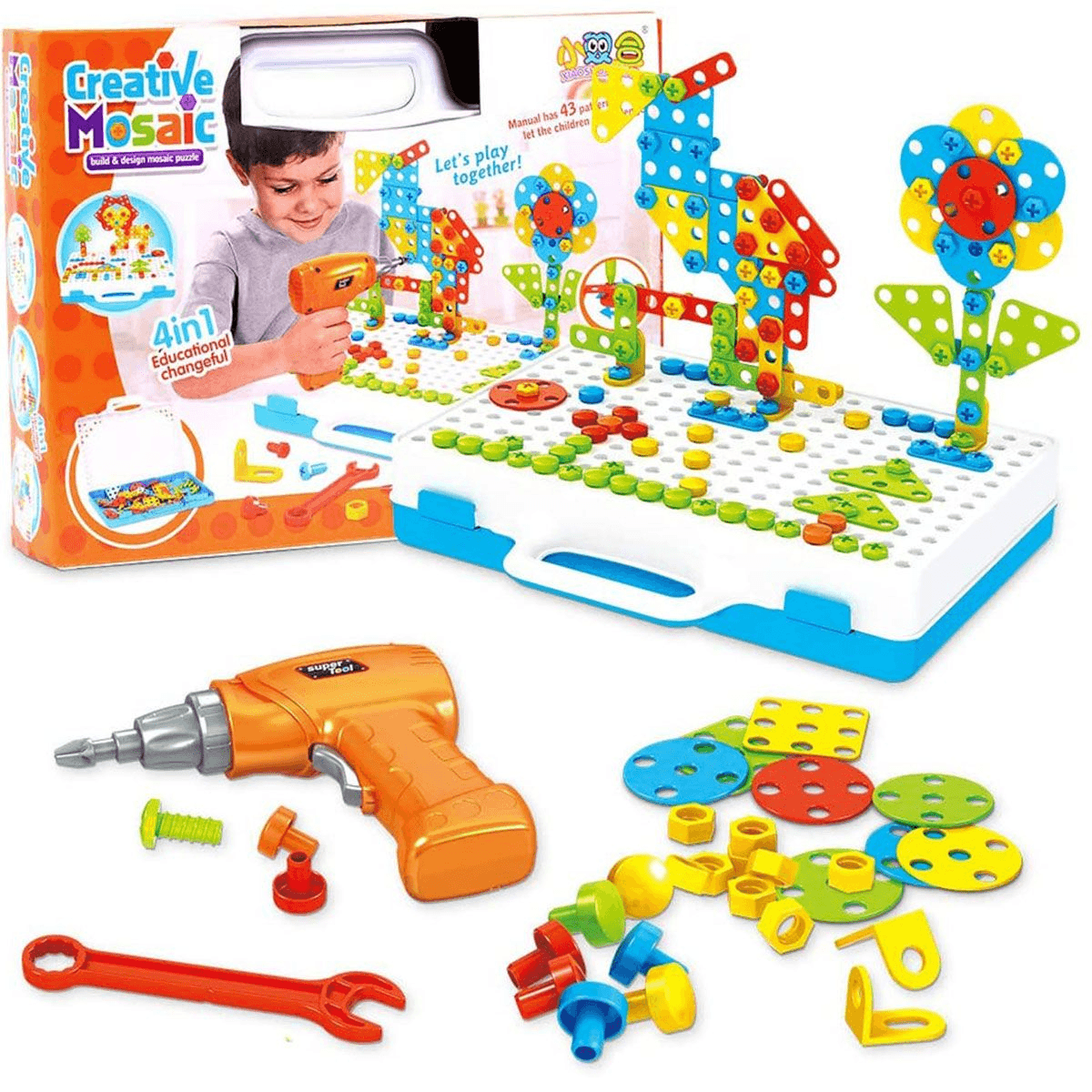 Construction Electric Drill STEM Engineering Building DIY Mosaic Toy Set.