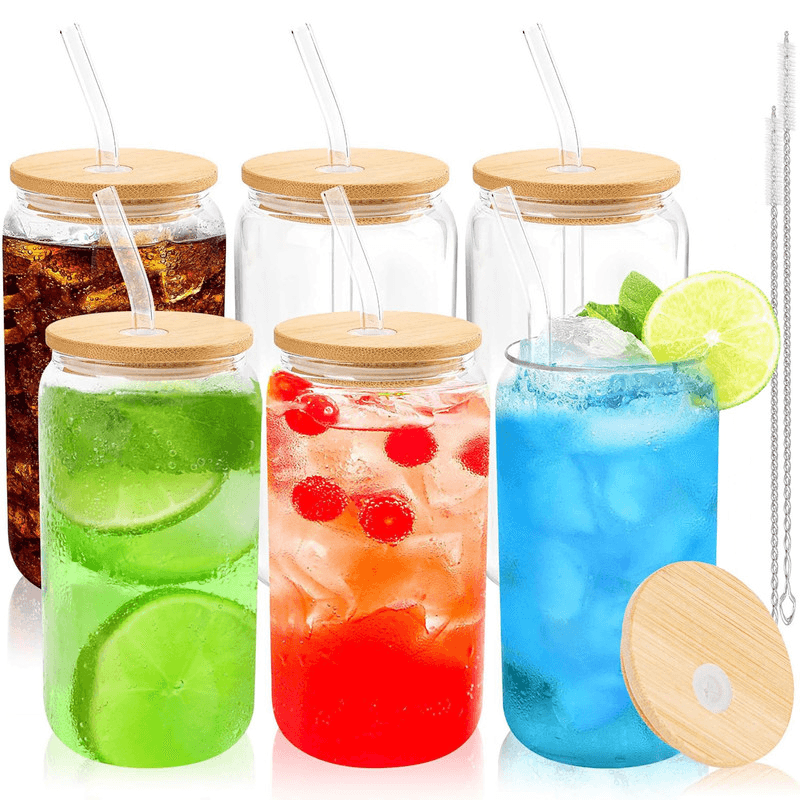 6 Pcs Drinking Glasses with Bamboo Lids and Glass Straw.