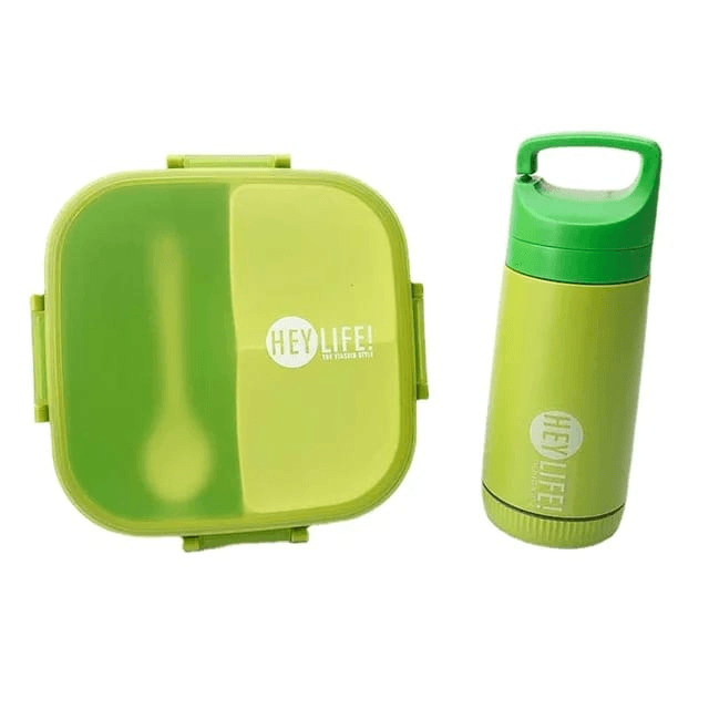 Colorful Leakproof 3 Grid Compartment Lunch Box and Water Bottle Set - Green