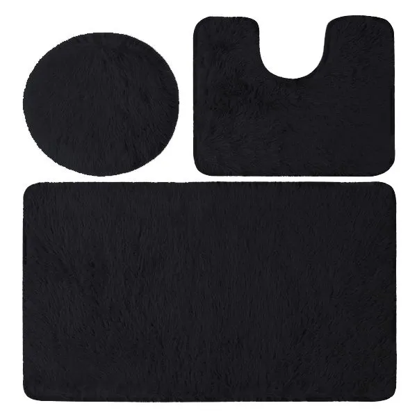 Plush Fluffy Toilet Seat Cover & Bathroom Mats 3 Piece Non Slip- Set - Black