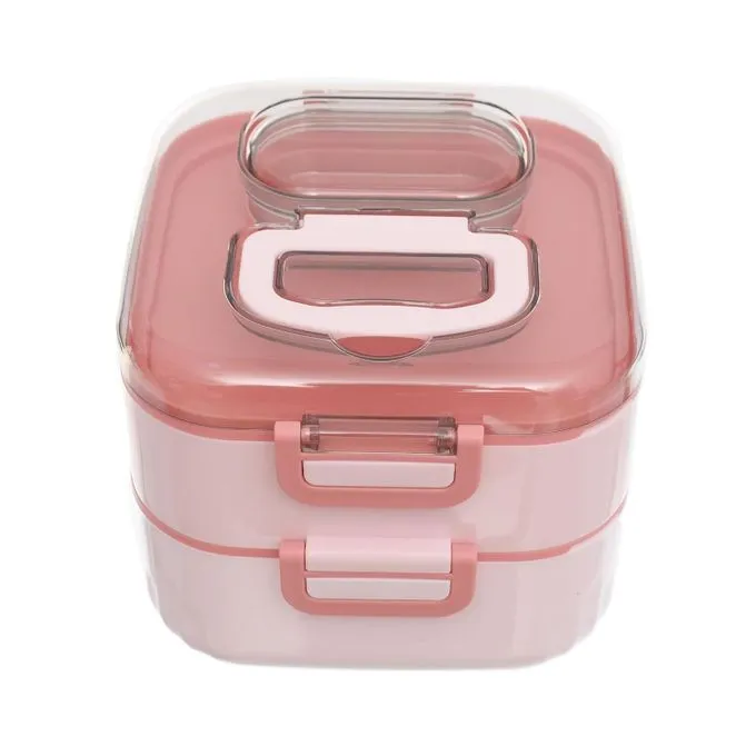 2-Tier Divided Lunch Box with Transparent Lid, Utensils And Carry Handle - Pink