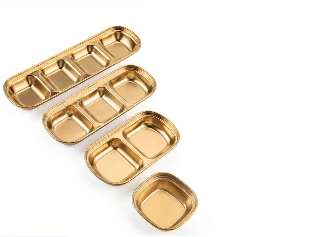 Set of four Gold Stainless Steel Divided Dip Sauce Bowls Set-Seasoning Dipping Condiment