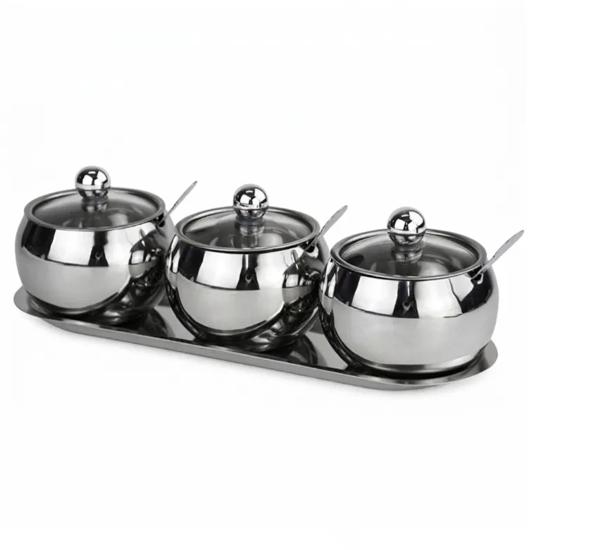 Stainless Steel Seasoning Containers Set -Condiment Jar Spice Containers and Tray- Silver