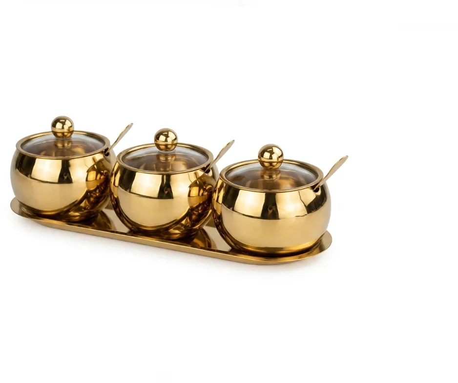 Stainless Steel Seasoning Containers Set -Condiment Jar Spice Containers and Tray- Gold
